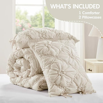 Intelligent Design King Comforter Set – Ivory Lily Puffy Floral Shabby Chic Boho Bedding Comforter Set, Pinch Pleat Bedding Sets, Ultra-Soft, Lightweight & All-Season, King/Cal K