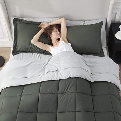 Nestl 7 Piece King Comforter Set – Olive Green Reversible Bed in a Bag – Complete King Size Bedding Set with Sheets, Pillowcases and Shams