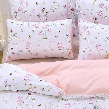 WINLIFE 100% Cotton Pillowcases Queen Size Pink Floral Bees Printed Pillow Cover 2 Pack, Super Soft Envelope Closure Queen Pillow Case Set (Queen, 20"x30")