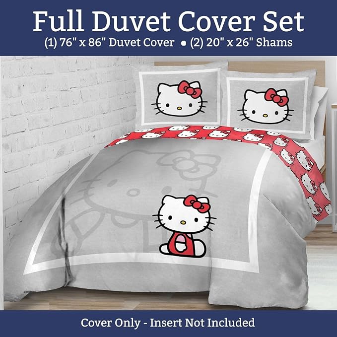 Jay Franco Duvet Cover Set – 3 Piece Comforter Cover and Sham Set, Super Soft Cozy Bedding (Insert Not Included) Grey - Hello Kitty, Full