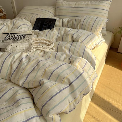 EAVD Vintage Colorful Striped Comforter Set Full Soft Cotton 3-Piece Retro Vertical Striped Bedding Set with 2 Pillowcases Boho Geometric Comforter Set for All-Season(Purple&Yellow&Blue, Full)