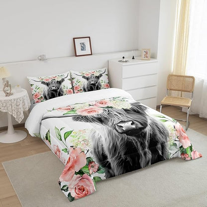 Feelyou Highland Cow Bedding Set Kids Rose Floral Bull Cattle Comforter Set for Girls Teens Western Wildlife Animal Comforter Farmhouse Duvet Set Room Decor Quilt Set Twin Size