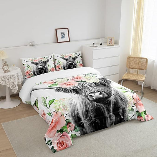 Feelyou Highland Cow Bedding Set Kids Rose Floral Bull Cattle Comforter Set for Girls Teens Western Wildlife Animal Comforter Farmhouse Duvet Set Room Decor Quilt Set Twin Size