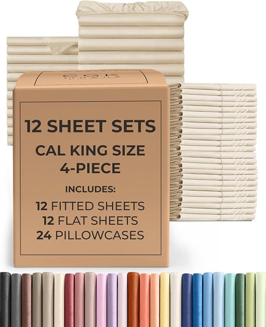 Bulk Case Pack of 12 Sheet Sets - (12) Complete Cal King Size Sheet Sets w/ Deep Pockets - Wholesale Bulk Bedding for Hotels, Spas & Airbnbs - Breathable, Soft, Cozy & Wrinkle Free - (Cal King, Wheat)