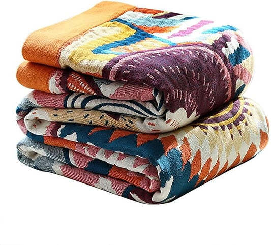 MSGKV Boho Throw Blanket for Couch 50"x60" 100% Cotton Sofa Blanket Spring Breathable Lightweight Blanket Home Decor Muslin All Seasons