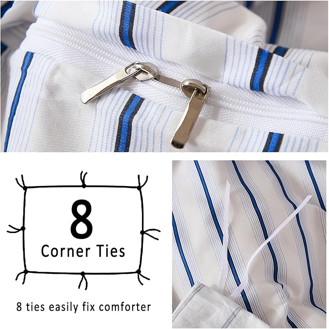 Merryword 100% Cotton Duvet Cover Set King Size, Blue and White Stripe Bedding Set, Soft Breathable Natural Cotton Duvet Cover with Pillowcases, Modern Coastal Style Bedding Set for All Seasons