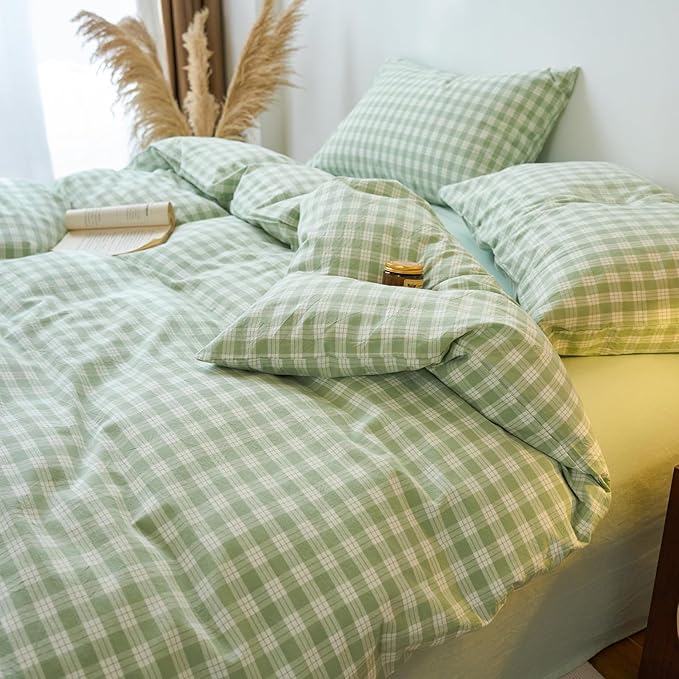 LifeTB Green Gingham Duvet Cover Grid Bedding Set 100% Washed Cotton Vintage Plaid Checkered Comforter Cover Green Grid Duvet Cover Breathable Soft Gingham Comforter Cover for Men Women