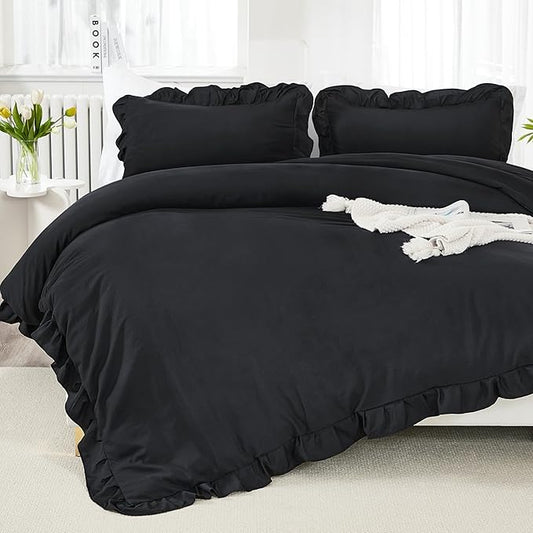 Litanika Black Queen Comforter Set, 3 Pieces Ruffle Farmhouse Aesthetic Bedding Comforter Set, All Season Soft Lightweight Fluffy Microfiber Bed Set(90x90In Comforter, 2 Pillowcases)