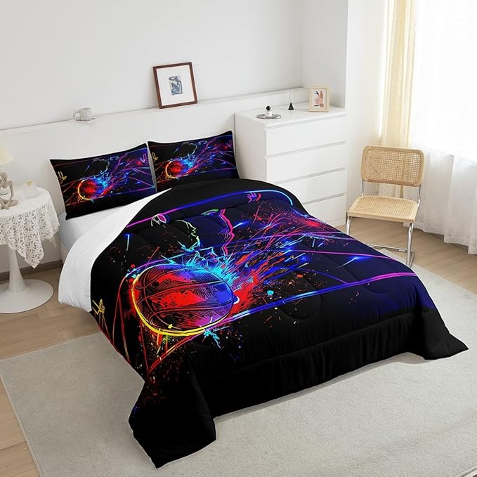 Erosebridal Basketball Comforter Set Queen 3D Sports Bedding Sets for Boys Teens Kids Men Tie Dye Fire and Ice Comforter Player Sport Game Warm Soft Lightweight Red Blue Quilt Set, Black