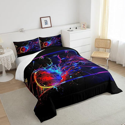 Erosebridal Basketball Comforter Set King 3D Sports Bedding Sets for Boys Teens Kids Men Tie Dye Fire and Ice Comforter Player Sport Game Warm Soft Lightweight Red Blue Quilt Set, Black