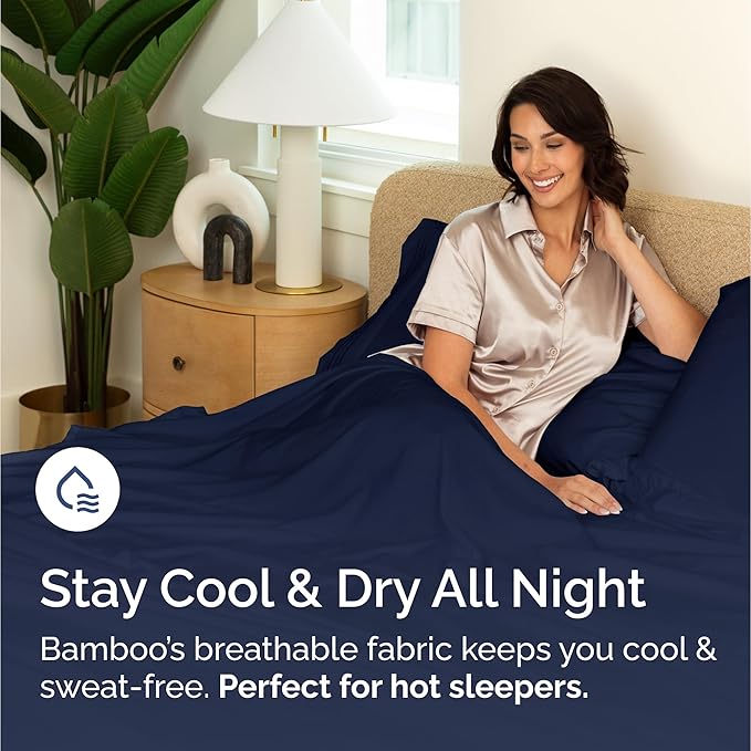 100% Rayon Derived From Bamboo - Bamboo Sheets Cal King Size - Cooling Sheets for Cal King - Ultra Soft Hotel Luxury Bedding - 1 Flat & 1 Fitted & 2 Pillowcases with 16 Inch Deep Pockets - Navy Blue