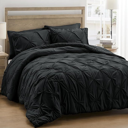 UNIKOME Queen Comforter Set Black - Ultra Soft Boho Pintuck Down Alternative Bedding Set for All Seasons, 3 Pieces Lightweight Warm Pinch Pleat Bed Set with Comforter, 2 Pillowcases