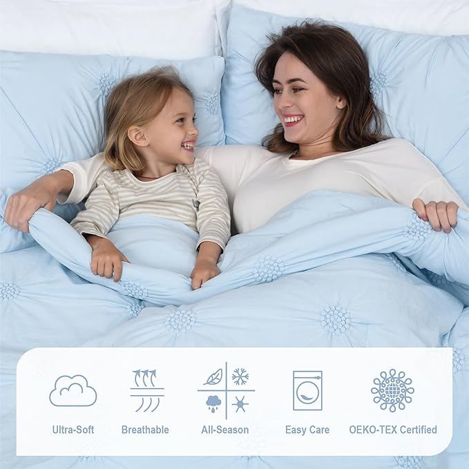 Swift Home Full/Queen Baby Blue Comforter Set - Ruched 3D Floral Pintuck Bedding Set - 2 Pieces Bed Linen, 1 Comforter and 1 Pillow Sham