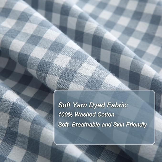 Light Blue/White Plaid Ruffle Duvet Cover King Size,100% Washed Cotton 3 Pieces Shabby Checkered Chic Gingham Bedding Set Comforter Cover Set