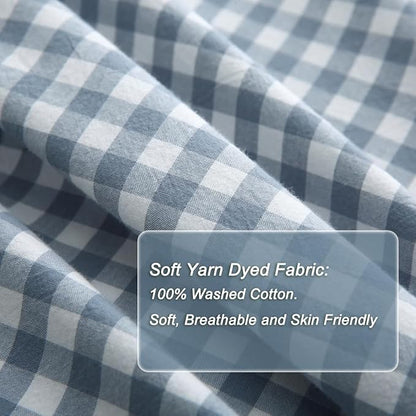 Light Blue/White Plaid Ruffle Duvet Cover King Size,100% Washed Cotton 3 Pieces Shabby Checkered Chic Gingham Bedding Set Comforter Cover Set