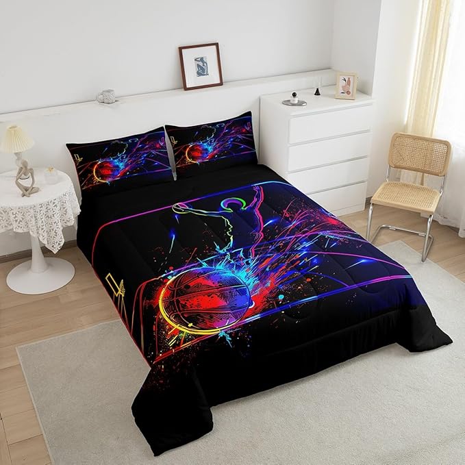 Erosebridal Basketball Comforter Set King 3D Sports Bedding Sets for Boys Teens Kids Men Tie Dye Fire and Ice Comforter Player Sport Game Warm Soft Lightweight Red Blue Quilt Set, Black