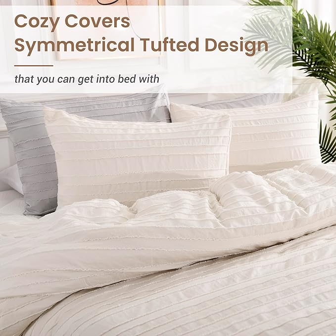 NEXHOME PRO Twin Duvet Cover,Beige 2 Pieces Boho Tufted Duvet Cover Set, Soft and Lightweight 100% Washed Microfiber Comforter Cover Set for All Season(Beige Twin, 66 x 90)-No Comforter