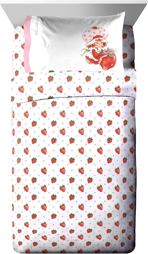 Jay Franco Strawberry Shortcake Full Comforter Set - 7 Piece Bedding Includes Sheet Set & Pillow Covers - Super Soft Pink & White Kids Bedding