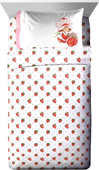 Jay Franco Strawberry Shortcake Full Comforter Set - 7 Piece Bedding Includes Sheet Set & Pillow Covers - Super Soft Pink & White Kids Bedding