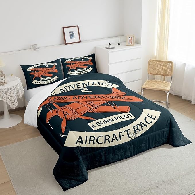 Castle Fairy Retro Aircraft Queen Size Comforter Set,Vintage Airplane Orange Painting Down Alternative Comforter Adults Bedroom Decor,Flying Adventure Helicopter Ultra Soft Inner Fill 3Pcs Bedding