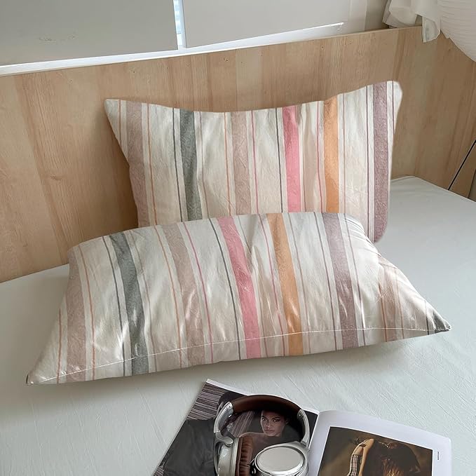 EAVD Vintage Striped Comforter Set Twin XL Colorful Soft 100% Washed Cotton 3-Piece Multicolor Vertical Striped Bedding Comforter Set with 2 Pillowcases Retro Geometric Bedding Set for All-Season