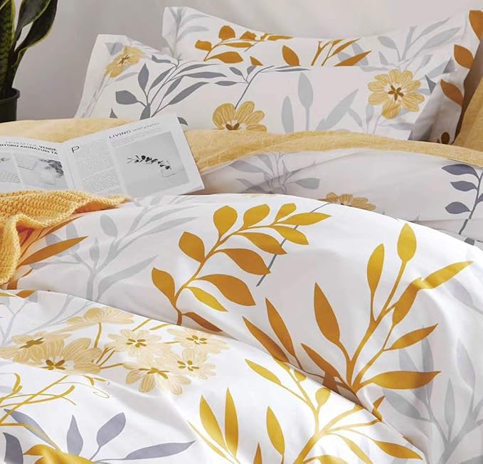 SLEEPBELLA Duvet Cover King Size, 600 Thread Count Cotton Grey Branches and Yellow Flower Reversible Comforter Cover(King, White Leaf)