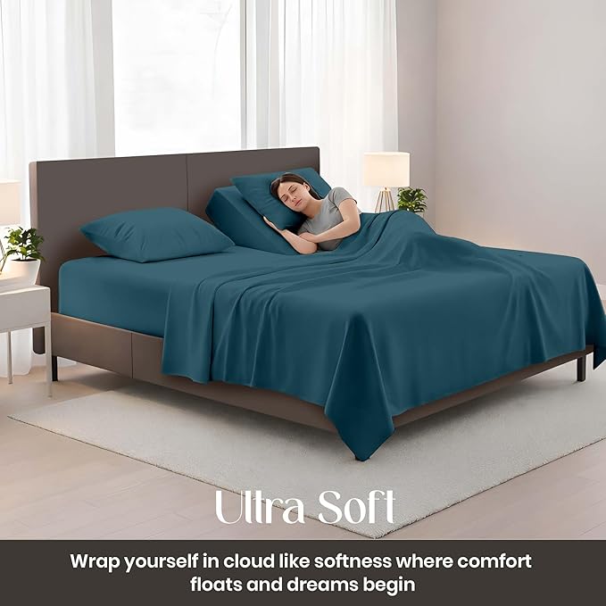 SGI bedding Adjustable Split Head Flex Top King 28" Microfiber Sheet Set – Ultra Soft, Cooling & Deep Pocket 15” Fitted, 4-Piece Breathable & Durable Bedding Set for Split King Beds -Teal
