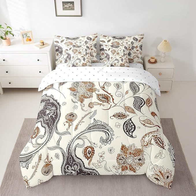 Paisley Flowers Comforter Set 7 Pieces,Western Floral Boho Bed Set,Rustic Botanical Plants Bedding Bed in a Bag,Twin (1 Comforter,2 Pillowcase,2 Pillow Covers,1 Flat Sheet,1 Fitted Sheet)
