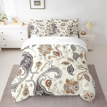 Paisley Flowers Comforter Set 7 Pieces,Western Floral Boho Bed Set,Rustic Botanical Plants Bedding Bed in a Bag,Twin (1 Comforter,2 Pillowcase,2 Pillow Covers,1 Flat Sheet,1 Fitted Sheet)
