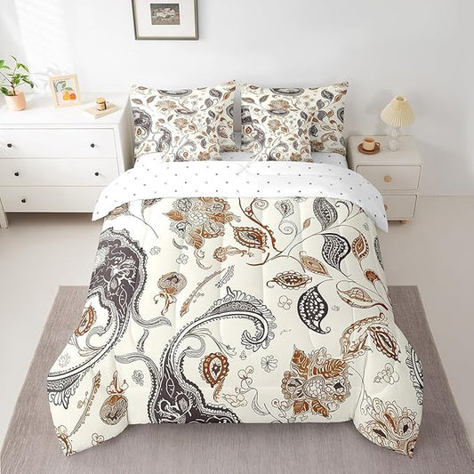 Paisley Flowers Comforter Set 7 Pieces,Western Floral Boho Bed Set,Rustic Botanical Plants Bedding Bed in a Bag,Twin (1 Comforter,2 Pillowcase,2 Pillow Covers,1 Flat Sheet,1 Fitted Sheet)