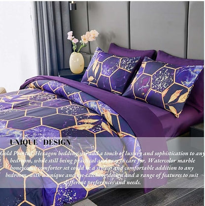 ANGIYUIN Purple Gold Comforter Set California King Size, Marble Gold Leaves Printed Bedding Comforter Set, 7 Pieces Hexagon Honeycomb King Bed in A Bag with Sheets for All Season