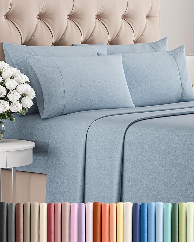 Full 6 Piece Sheet Set - Comfy Breathable & Cooling - Soft Hotel Luxury Bedding Set with 8-16 Inch Deep Pockets - 1 Flat & 1 Fitted Sheet & 4 Pillowcases - Wrinkle Free & Easy Care - Heathered Blue