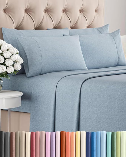 Cal King 6 Piece Sheet Set - Comfy Breathable & Cooling - Soft Hotel Luxury Bedding Set w/ 8-16 Inch Deep Pockets - 1 Flat & 1 Fitted Sheet & 4 Pillowcases - Wrinkle Free & Easy Care - Heathered Blue