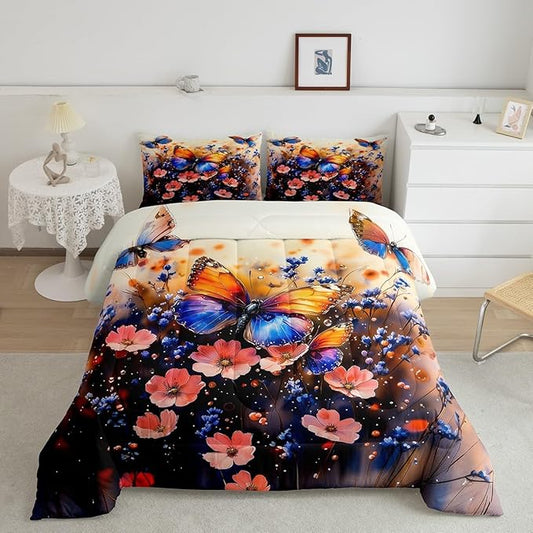 Feelyou Butterfly Comforter Set Full Size Butterflies Print Comforter for Boys Girls Teens Animal Bedding Set Butterfly Floral Duvet Set Room Decor Blue Purple Quilt Set
