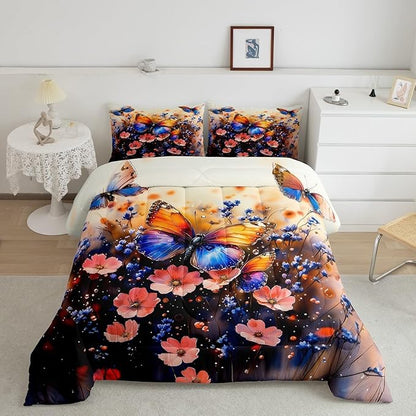 Feelyou Butterfly Comforter Set King Size Butterflies Print Comforter for Boys Girls Teens Animal Bedding Set Butterfly Floral Duvet Set Room Decor Blue Purple Quilt Set