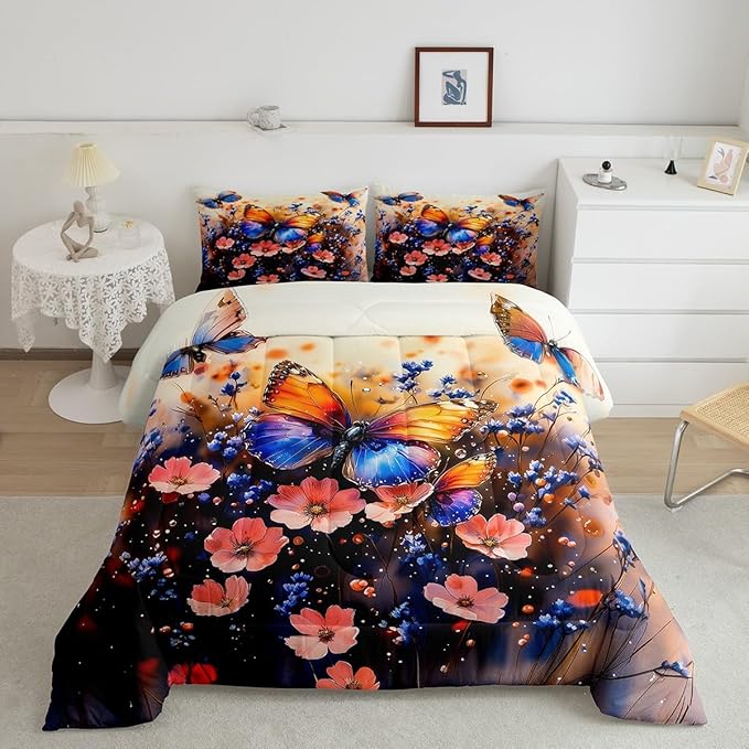 Feelyou Butterfly Comforter Set Toddler Size Butterflies Print Comforter Animal Bedding Set Butterfly Floral Duvet Set Room Decor Blue Purple Quilt Set