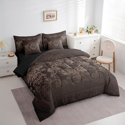 Erosebridal Gothic Damask Bed in a Bag King Size Comforter Set 7 Pieces,Sun Moon Tree of Life Bedding Sets Black Brown Victorian Floral Goth Sheet Set with Comforter