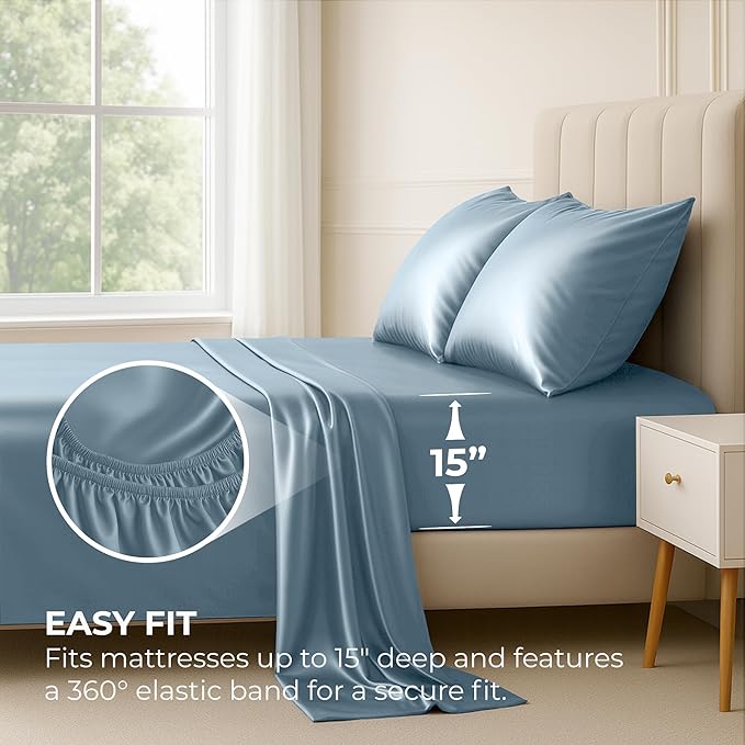 Pure Bedding Satin Sheets Twin [3-Piece, SkyBlue] Hotel Luxury Silky Bed Sheets - Extra Soft 1800 Microfiber Sheet Set, Wrinkle, Fade, Deep Pocket Fitted Sheet, Flat Sheet, Pillow Cases