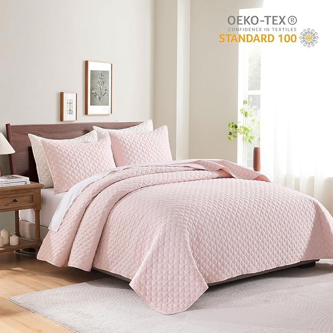 HORIMOTE HOME Quilt Twin Size Light Pink, Lightweight Quilt for Summer Ultra-Soft Microfiber Modern Style Quilted Clouds Pattern Bedspread Quit Set 2 Pieces (1 Quilt and 1 Pillow Sham)
