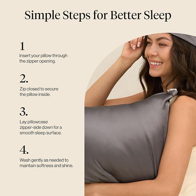 Kitsch Satin Pillowcase with Zipper for Hair & Skin - Softer Than Silk Pillow Cases, Smooth Cooling Satin Pillow Case, Wrinkle-Free, Machine Washable, Pillow Cases Standard Size 19x26 - Charcoal, 2pc