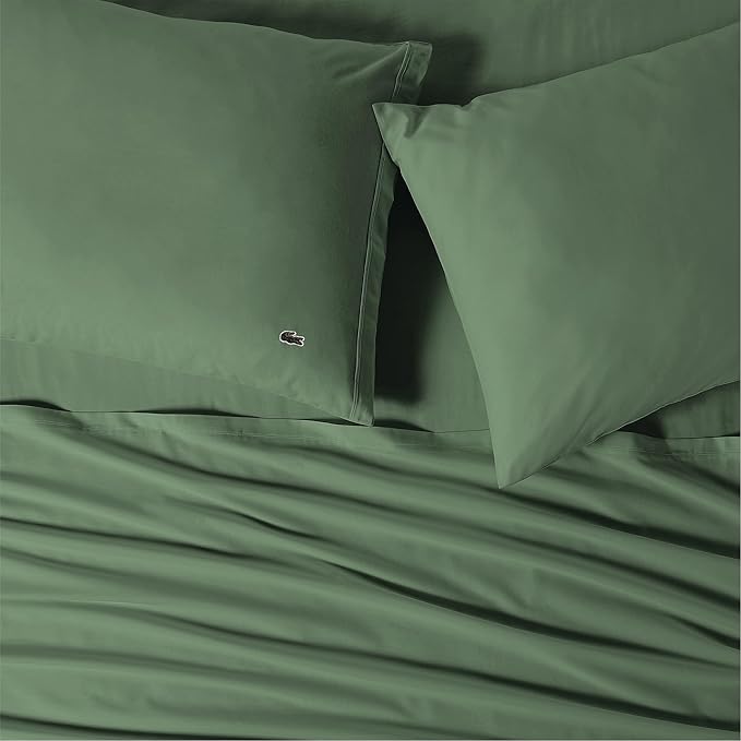 Lacoste 100% Cotton Percale 3-Piece Sheet Set – Cool, Crisp, Matte, and Durable, Oeko-Tex Certified – Solid, Green, Twin XL
