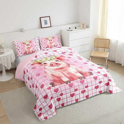 Cute Pig Bedding Set Queen, Cherry Blossoms Comforter Set For Girls Kids, Cartoon Pet Animal Duvet Set, Pink Grid Heart Pattern Lattice Quilted Duvet, Farmhouse Bedding Comforters, All Season