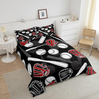 Erosebridal Baseball Comforter Set Queen Cartoon Baseballs Bedding Set 3D Ball Sport Games Bedding Comforter Sets Black White Gray Quilt Soft Bedroom Decor Gift for Teens Boys