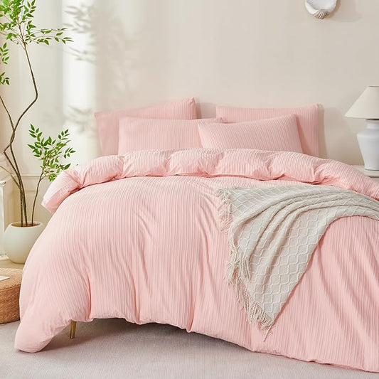 Pink Comforter Set Queen Size Soft Luxury Washed Microfiber Jacquard 3 Pieces Bedding Set, Pink Jade Vertical Ticking Stripes Comforter with 2 Pillowcases Breathable Durable Comfy