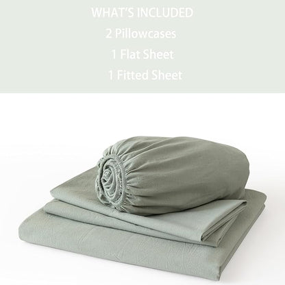 JIYUAN Queen Size Sheet Set, 4-Piece - 100% Washed Cotton, Linen-Like Soft & Breathable, Includes Deep Pocket Fitted & Flat Sheet with 2 Pillowcases, Hotel Quality, Heathered Sage Green