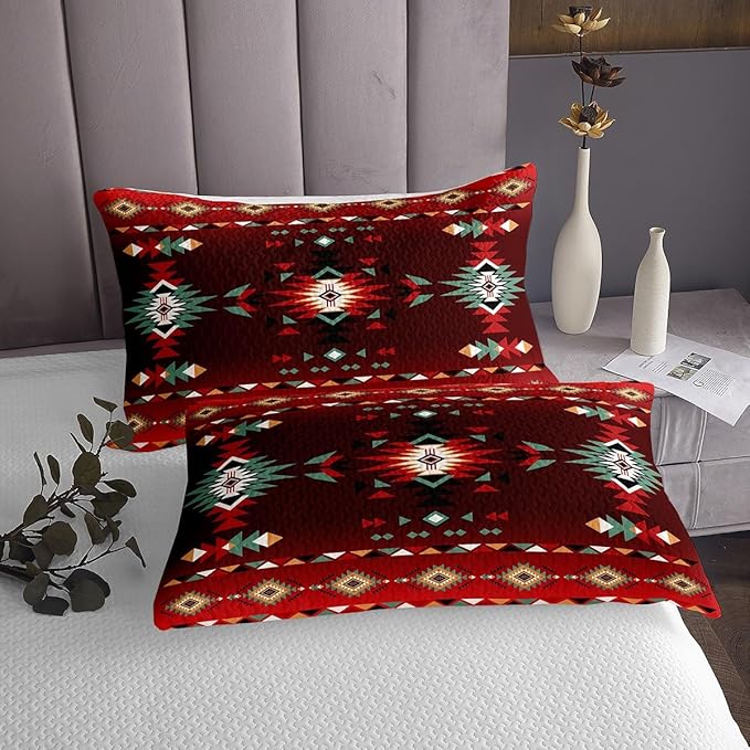 Manfei Geometric Aztec Kids Bedspread Queen Size,Western Cowboy Arrow Rustic Farmhouse Coverlet Set,Boys Girls Room Decor,Southwest Boho Tribal Quilted Coverlet,Red Black Bedding Quilt,2 Pillowcases