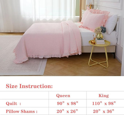 Blush White Ruffle Gingham Quilt Set Queen Size with 2 Pillow Shams, 100% Washed Cotton Yarn-Dyed Quited Bedspread Farmhouse Bedding Set (Blush, Queen) | 100% washed cotton, gingham quilts, ruffles