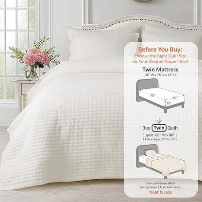 KASENTEX Twin Quilt Set 68"x86" – Soft Washed 3-Layer Lightweight Bedspread, Minimalist Nordic Design, All-Season Spring & Summer Quilt Set (1 Quilt + 2 Pillow Shams),Cream White