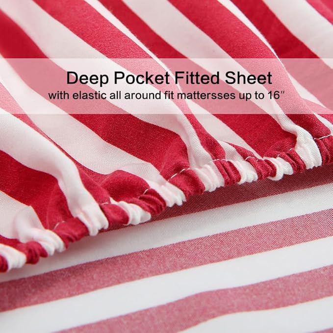 Best Season Ticking Stripe Sheet Set,3 Piece Twin Size Microfiber Bedding,Burgundy Red and White Pinstripe Patterned,Deep Pocket