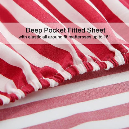 Best Season Ticking Stripe Sheet Set,3 Piece Twin Size Microfiber Bedding,Burgundy Red and White Pinstripe Patterned,Deep Pocket